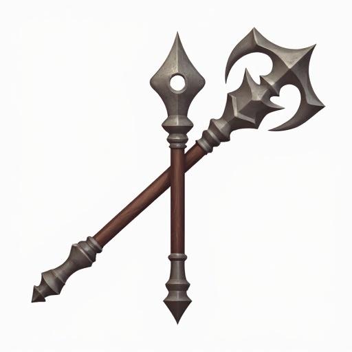 Icon depicting an ancient battle staff and axe. Designed for card game. Features gray and brown colors. Dimensions are 48 by 48 pixels. Styled in World of Warcraft aesthetics. Background is transparent.