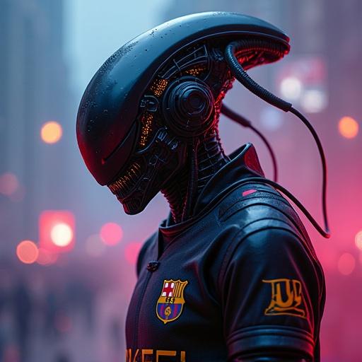 Futuristic character combining elements of a football player and an alien. Dark urban background with neon lights. Cyberpunk theme. Main figure features robotic head and sports uniform.