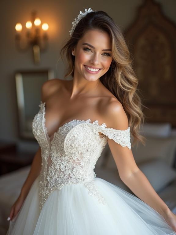 smiling bride wearing an elegant wedding dress with intricate details, soft background, flirty expression