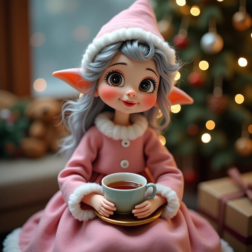 Grandma elf with grey hair sitting in front of Christmas scene. She wears pink dress and holds a cup of tea.