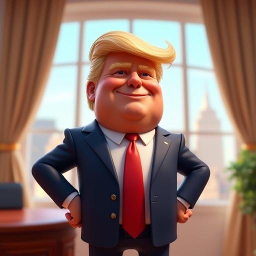 Pixar-style 3D animated character features exaggerated cartoon elements with distinctive hairstyle expressive eyes confident pose in business suit red tie background shows cartoon American cityscape presidential office scene playful humorous tone soft lighting high detail vibrant colors ultra-high-definition