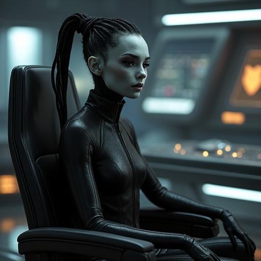 Female alien character in a sleek outfit. Grey skin and big black eyes. Short pointy ears are visible. Black cornrows hairstyle. Sitting in a captain's chair on a starship's bridge. The surrounding environment has elements indicating space or sci-fi theme.