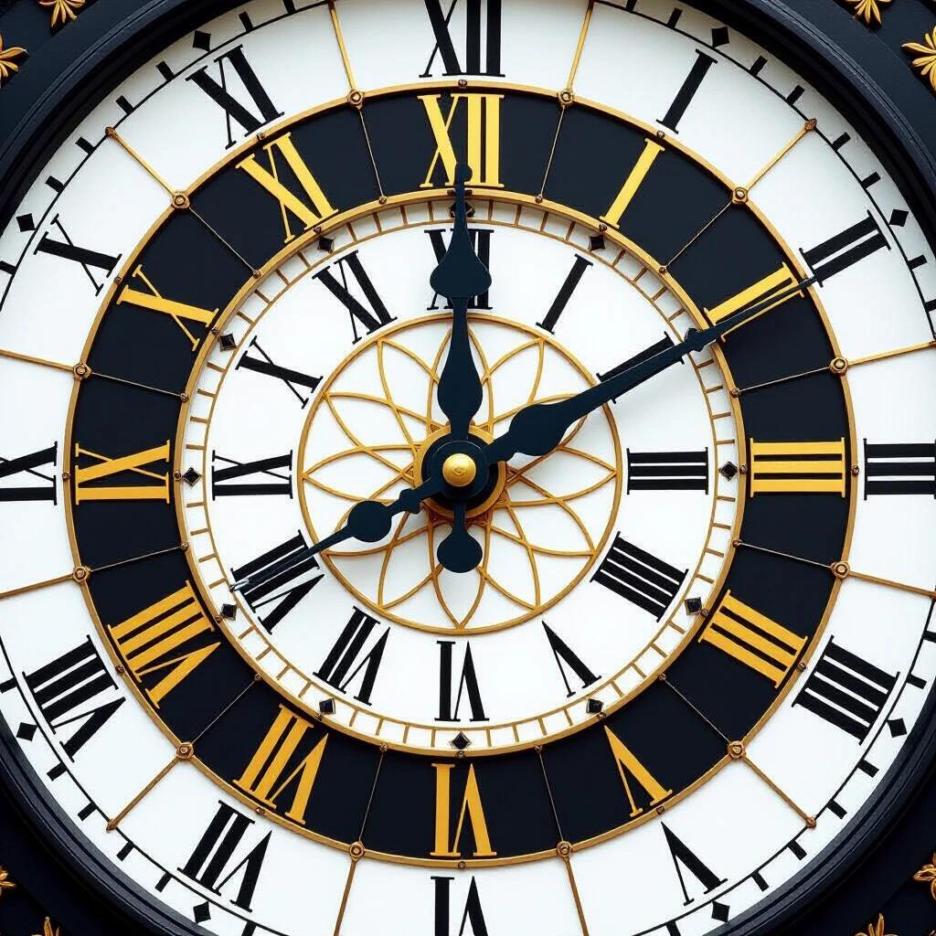 Clock face shows long hand at twelve short hand at seven Close-up of clock details Black and gold color scheme Decorative elements on clock