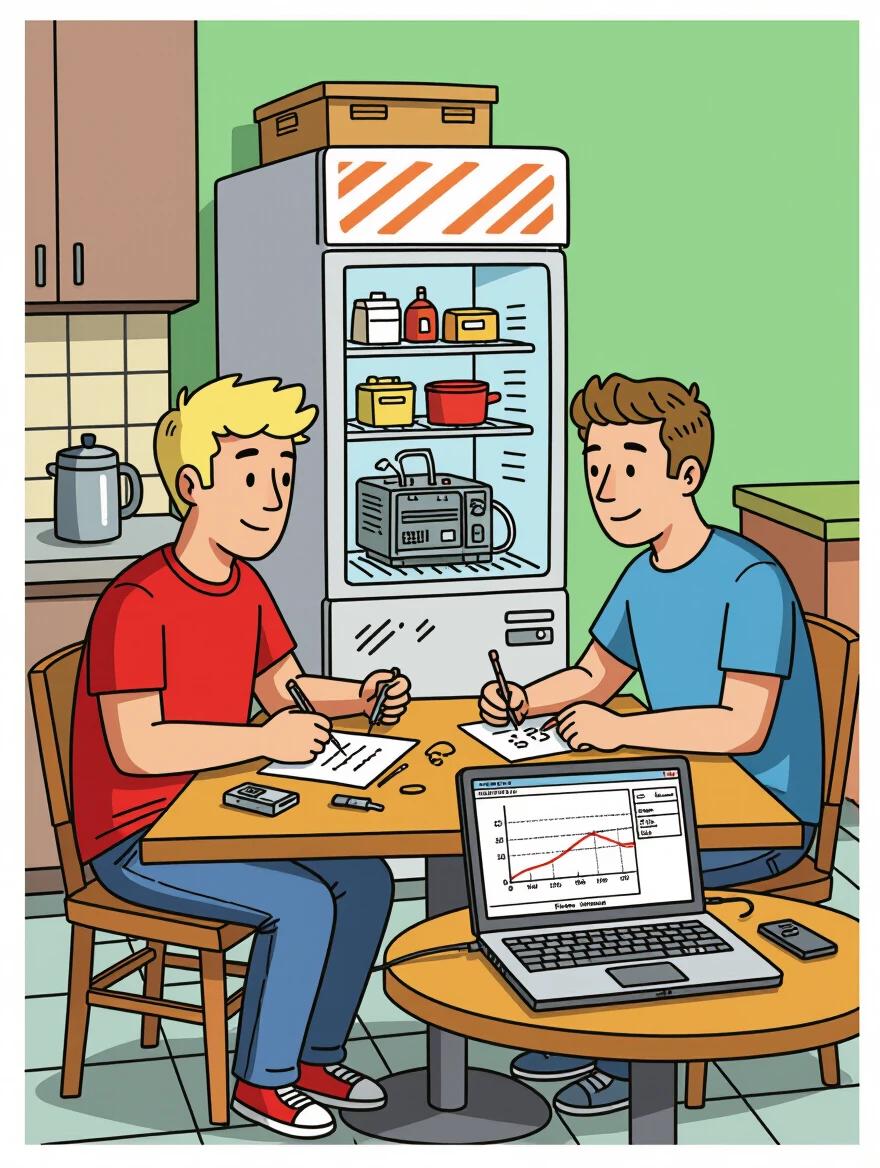 Two friends are seated at a kitchen table working on devices. They are discussing and soldering. A laptop shows a graph of temperature and humidity. A refrigerator is visible in the background. Image has a comic style and a green background.