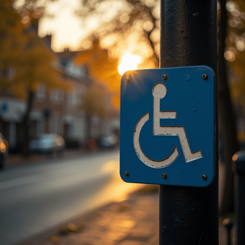 A close-up of a wheelchair-accessible sign against a backdrop of a street at sunset.