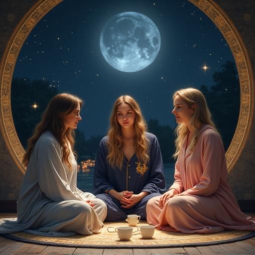 At night, three mythological goddesses gather for a Pajama Council. Athena, Isis, and Freyja are deep in conversation, wearing unique pajamas. Moonlight enhances the celestial chamber. Tea cups center the scene. Magic lights drift softly.