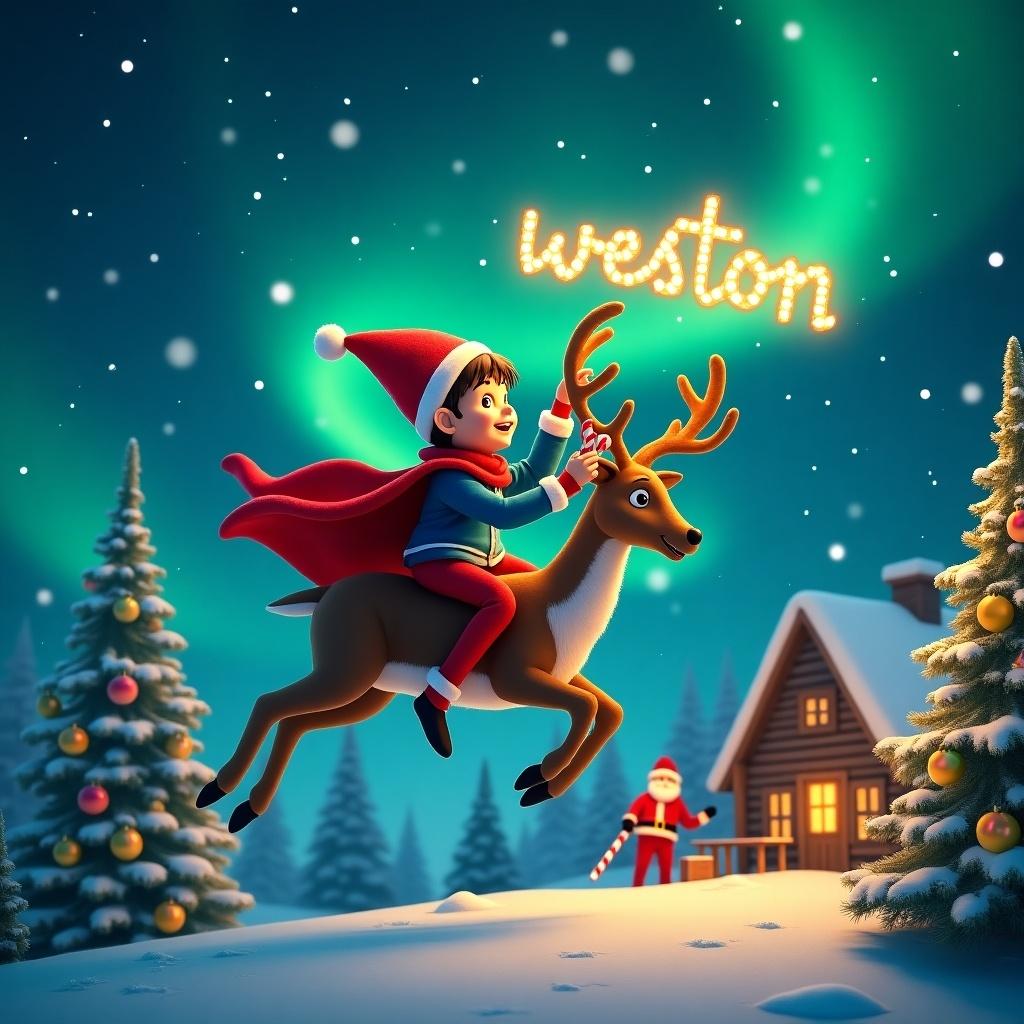 This image showcases a joyful elf on the shelf who is named Ryleigh. She is flying through a vibrant night sky aboard a reindeer, surrounded by mesmerizing northern lights. The background features snow-covered Christmas trees and a cozy cabin. Ryleigh wears a classic red Santa hat and cape, enhancing the festive mood. The name 'weston' shines brightly above. The scene captures the magical essence of Christmas, with Santa Claus preparing nearby and decorations all around. It is a perfect illustration for the holiday season.