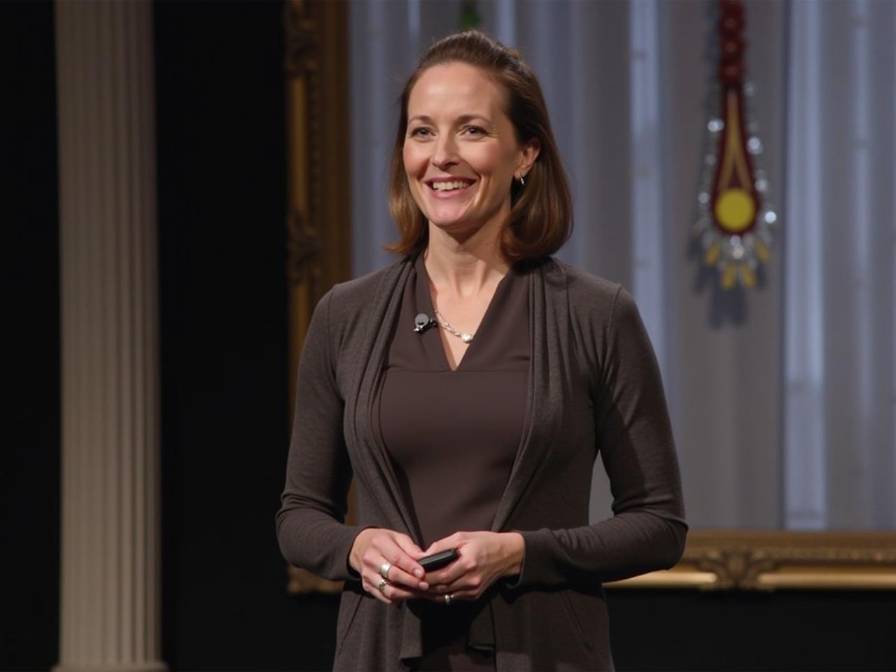 A person is standing confidently on a stage, dressed in a smart, professional outfit. They are wearing a well-fitted top and a stylish cardigan. Their hands are gently clasped together, holding a small device, while they engage with the audience. The background features elegant, sophisticated elements, possibly with a touch of soft lighting and decor that enhances the overall ambiance of the presentation. The scene is designed to evoke a professional atmosphere, suitable for a business or academic event.