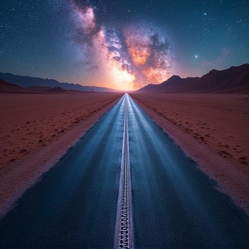 An aerial view of a giant zipper down an asphalt road in a desert. The road unzips revealing a starry sky below. Surreal and mind-bending imagery.