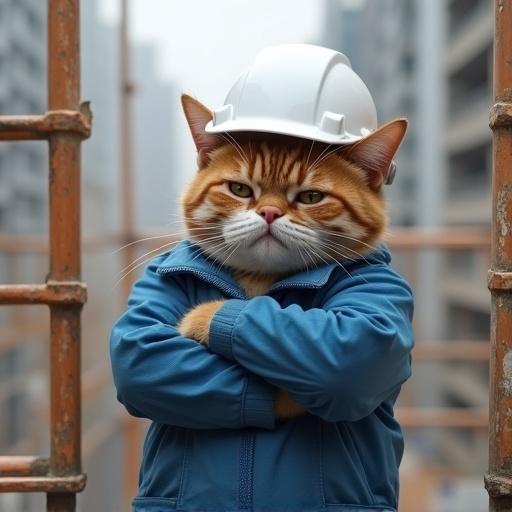 Realistic cat wears a white helmet and blue work jacket. Cat stands on a construction site. Cat shows a worried expression with crossed arms and an angry look. Cat appears almost falling from scaffolding.