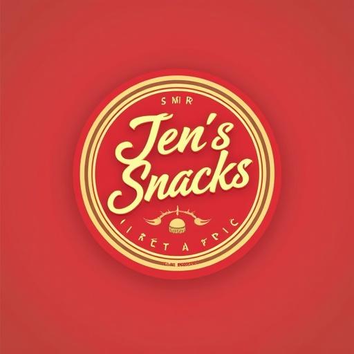 Logo design for bakery named Jen's Snacks with red and gold theme. Features prominent text and circular shape.
