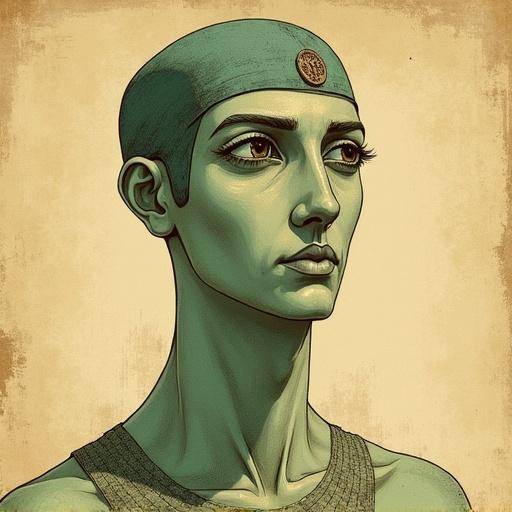 Vintage illustration of a man with muted colors. Elongated face with Egyptian features. Big eyes, pencil drawing style. Flat colors with a canvas-like texture. Background resembles an ancient manuscript.
