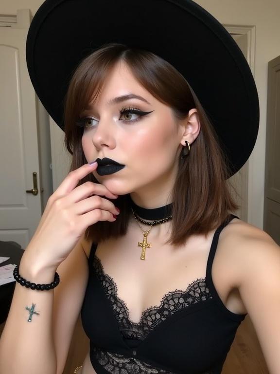 Photograph of a young person with shoulder-length brown hair. Wide-brimmed black hat worn. Black lace crop top showcased. Black choker necklace with gold cross worn. Dark winged eyeliner applied. Black lipstick used. Subject looks slightly to the left. Right hand near face with tattoo on wrist. Black earrings and bracelet worn. Blurred indoor setting visible. Even artificial lighting present. Slightly above eye level angle used. Depth of field sharpens subject. Rule of thirds applied, face and hat in upper left.
