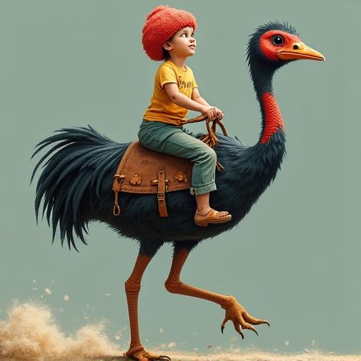 Image features a child in a yellow shirt and green pants riding a large, stylized dodo bird. The bird is depicted with exaggerated features, large colorful beak, and fluffy black feathers. The background is a simple teal color, creating a playful atmosphere.