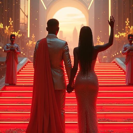 Ultra-realistic cinematic scene featuring a stunning African American couple in elegant futuristic royal attire. Couple stands proudly on glowing red palace steps while waving to a distant crowd. Image viewed from a low heroic angle. High-resolution expressive faces and intricate braided hairstyles. Metallic-textured garments catch soft ambient neon lights in cyan, yellow, and silver. Two unarmed royal guards in ornate ceremonial uniforms stand beside them. Majestic cyber-fantasy palace in the background with luminous alloy and glass structures. Floating confetti and flower petals drift in the air. Distant futuristic cityscape visible on the horizon with glowing towers and hovering lights. Polished surfaces reflect soft lighting with dramatic sunset tones. Shallow depth of field and cinematic lens flare create atmosphere of regal celebration and sci-fi grandeur.