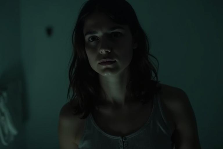 A 17 year old girl with a worried expression stands in a dimly lit room creating an atmosphere of isolation.