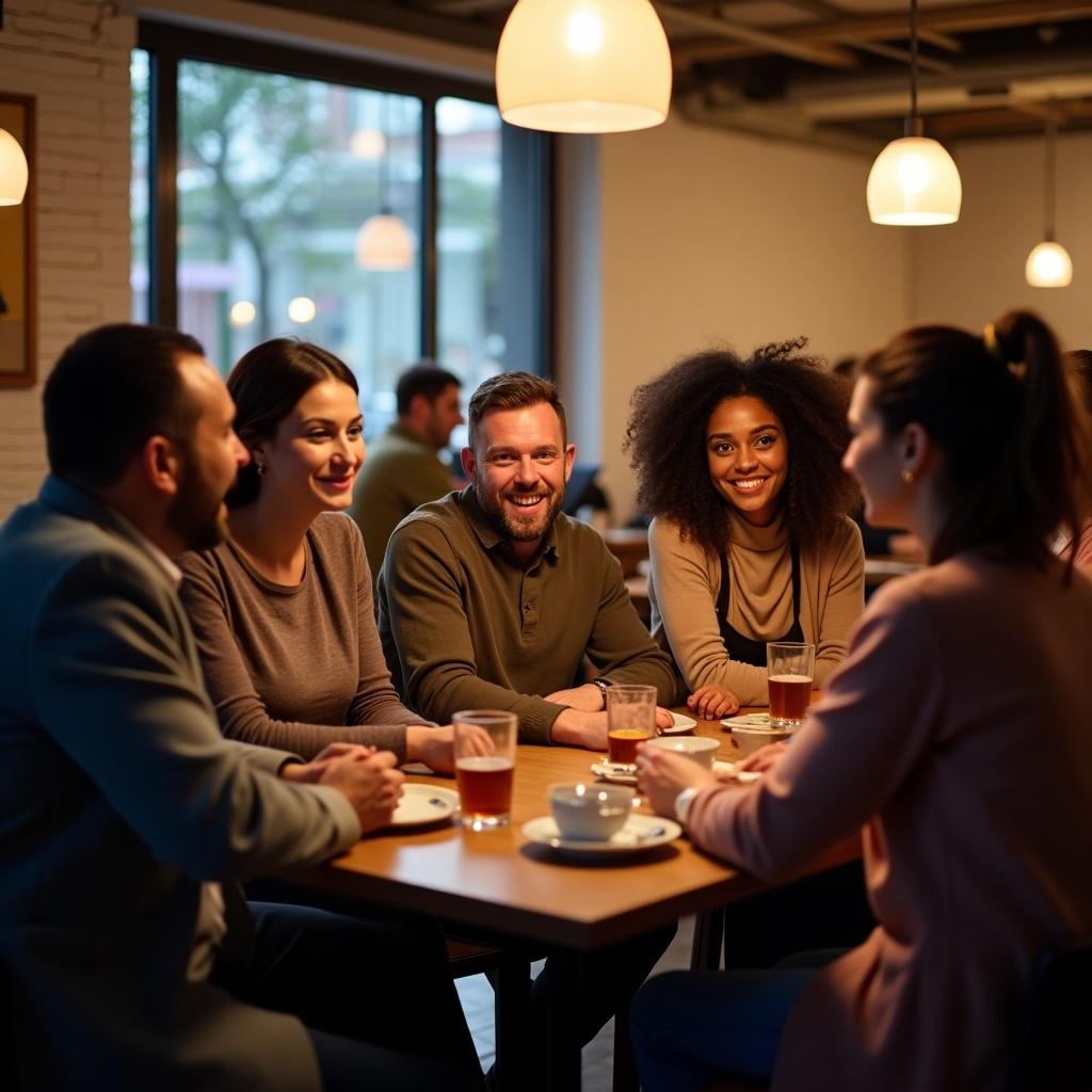 A lively group of friends is gathered around a table in a cozy cafe. They are engaged in a vibrant conversation, sharing stories and laughter. The atmosphere is warm and inviting, enhanced by soft lighting. Each person appears relaxed and happy, enjoying each other's company. The setting is perfect for socializing, with drinks and snacks on the table, emphasizing a sense of community.