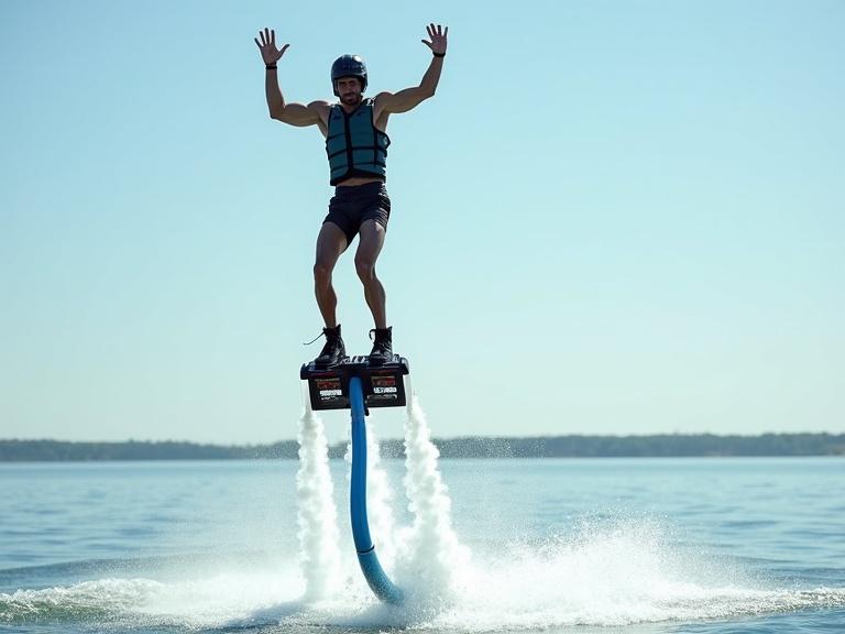 A man is flyboarding in mid-air. He performs a balanced stunt pose with arms raised. His physique is skinny and shredded with muscle definition. Water jets shoot from his boots. A blue hose extends down into the water. He wears a black and teal half-helmet and modern safety vest. The scene captures airborne energy and realistic water propulsion under a bright sky.