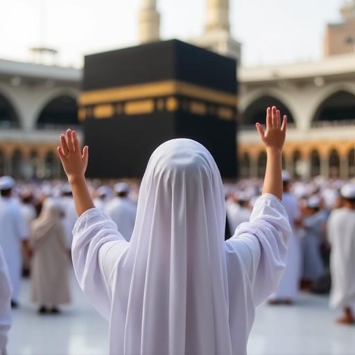 Girl in white Ihram clothing at the Kaaba raising hands in prayer with many pilgrims in the background.