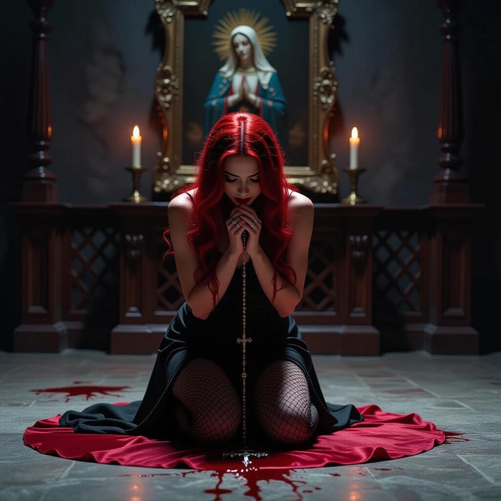 A gothic setting with a kneeling figure on a crimson silk cloth. The figure has red hair and bows her head in prayer. Clad in a black dress and fishnet stockings, she holds a rosary. A candle flickers softly behind her, with a portrait of the Virgin Mary. The scene features a cold stone floor and ornate wooden lattice. The atmosphere is filled with tension between darkness and sacred imagery.