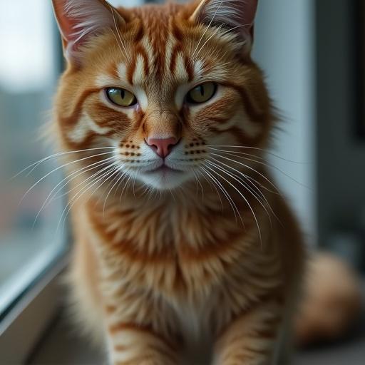 A surreal art piece featuring a human woman transforming into a cat. The orange tabby cat appears to have traits reminiscent of a woman. The scene is serene with natural light pouring in. The background is softly blurred, enhancing the magical atmosphere.