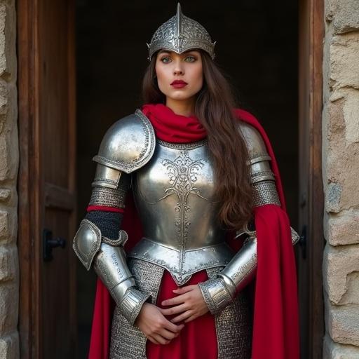 Young woman in medieval armor stands confidently in a castle. She wears a Spanish Morion helmet and a flowing red cloak. Long brown hair and blue eyes visible. Arms crossed, facing left. High quality photography style.