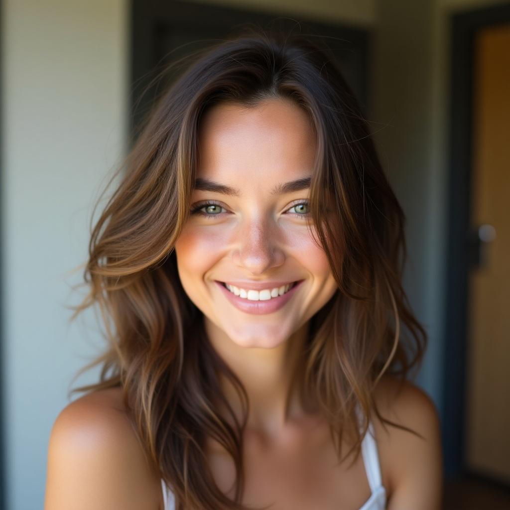 Image showcases young woman smiling naturally with relaxed demeanor. Background softly blurred. Natural light highlights skin texture. Looks like high-resolution selfie, casual and everyday.