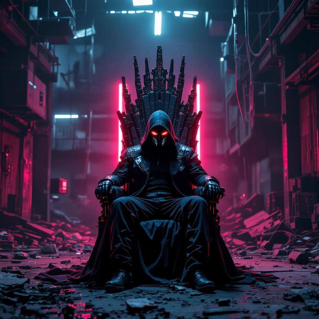 Ominous dark portrait in a crumbling tech warehouse featuring an impressive throne. A masked cyberpunk figure sits confidently in the dark atmosphere illuminated by neon lights.