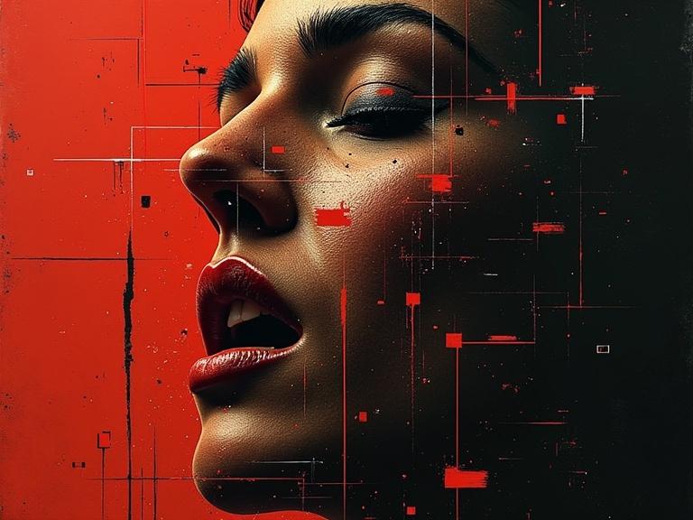 Artistic representation of a woman in profile against a red background. Digital layers and textures create a complex aesthetic. A blend of cyberpunk and classic film influences.