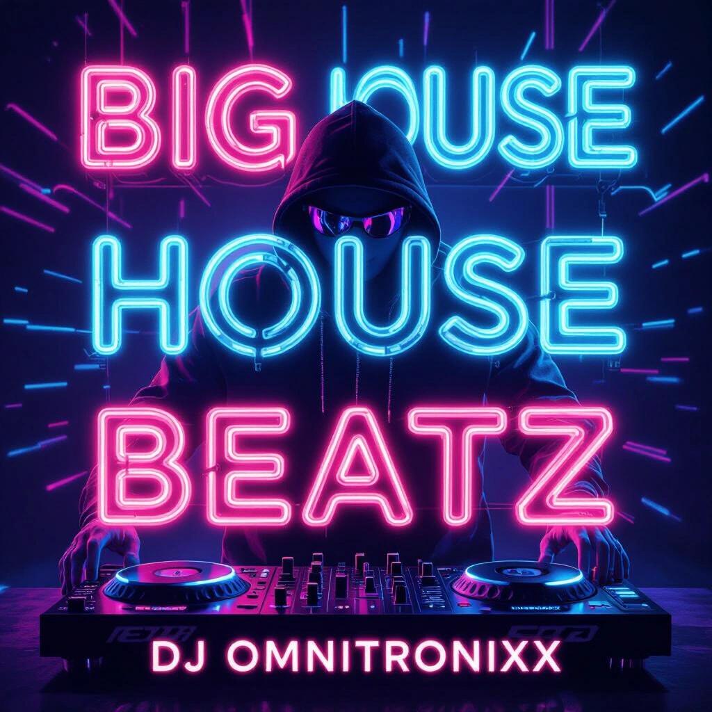 Complex dark neon artwork on a music album cover featuring the text Big House Beatz and DJ Omnitronixx. Bright colored neon text with a DJ booth and equipment in the background.