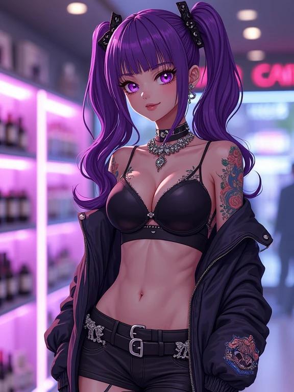 Anime woman in a luxurious Kanji cosmetics shop. She wears sexy edgy streetwear with biker gang elements. She has amethyst purple eyes and long curly purple hair. The shop features neon lights and various cosmetics. Jewelry includes amethyst diamond pieces. Background shows cosmetics products. The setting is vibrant and modern. The character has a defined muscular physique.