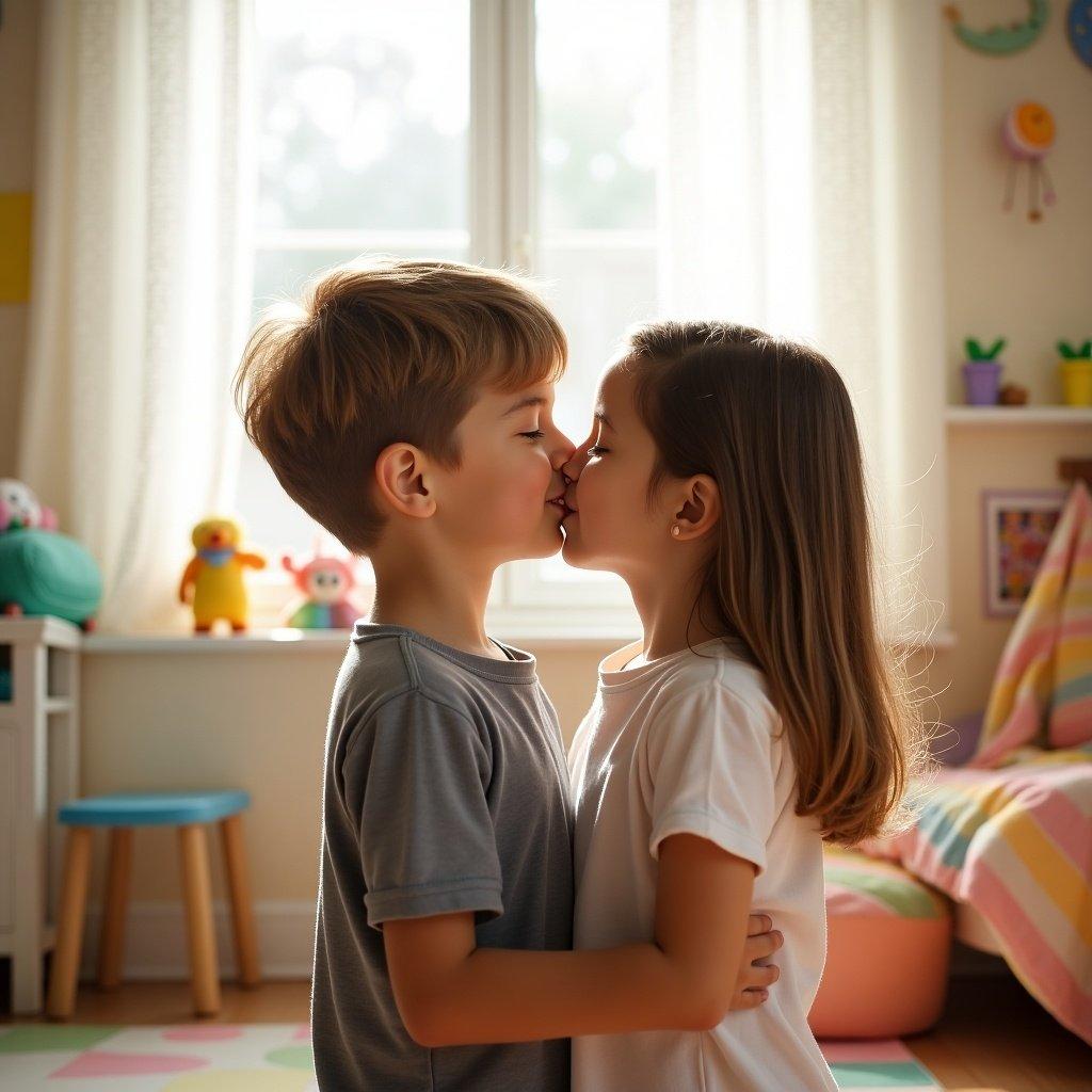 Image captures a moment between a boy and a girl sharing a kiss. They are in a bright room filled with playful decor. Natural light creates a warm atmosphere. The focus is on their joyful expressions.