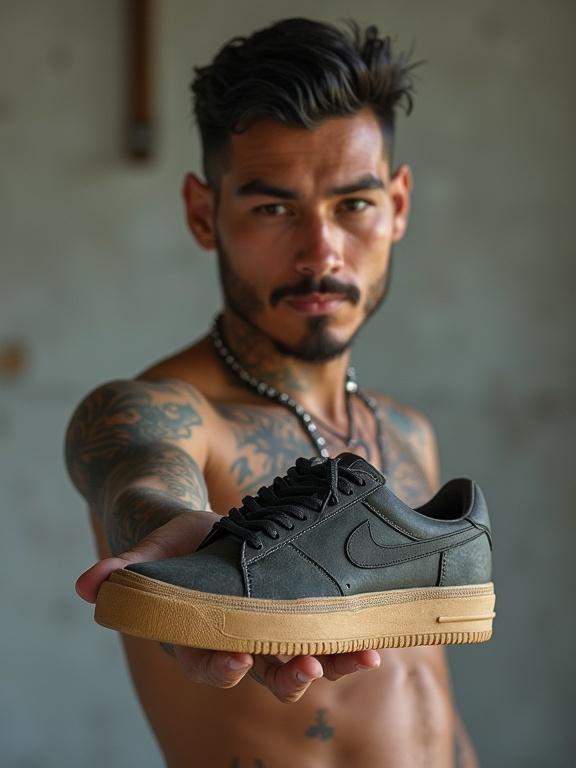 Photograph of a male skater holding a sneaker close to the camera. Man has a sinewy build and tattoos. He appears sweaty and is staring directly at the viewer. The setting is casual and urban.