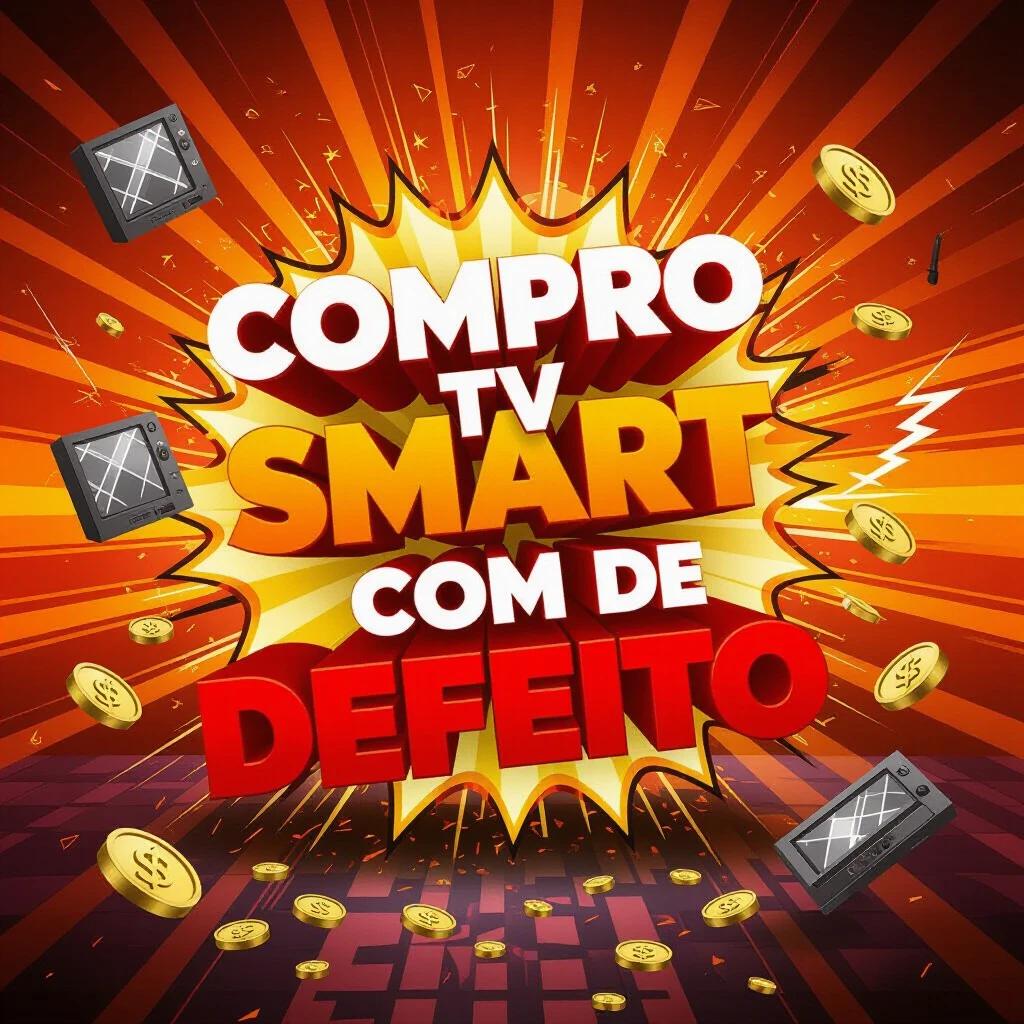 Dynamic explosion-style 3D design with bold red and orange text. Text reads 'COMPRO TV SMART COM DEFEITO'. Elements include shattered TVs, coins, and tools in motion. Background features explosive orange and red gradients. Intense lighting effects and motion blur present. Vibrant and action-packed design.
