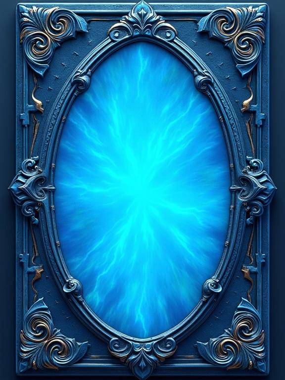 Artwork of a fantasy card back for a game. Features a detailed ornate frame. Central glowing blue oval surrounded by lighter blues. Symmetrical design full of whimsical adventure elements. No text.