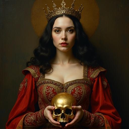 Regal female figure represents Death. She holds a golden skull. Full body shot in Renaissance style painting. Masterpiece art.
