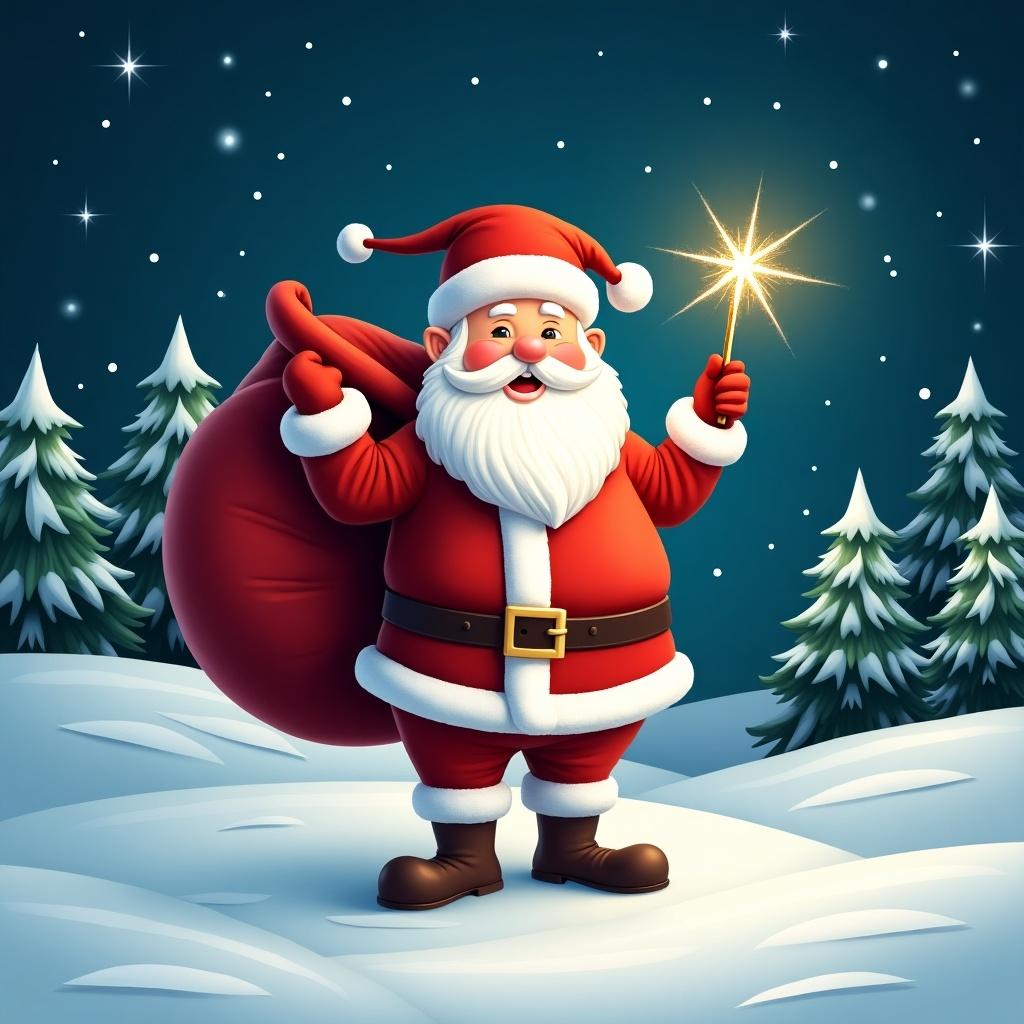 A cheerful Santa Claus stands in a snowy landscape. Large red sack over shoulder. Holding a sparkly wand. Dressed in traditional red and white outfit with a belt and boots. Twinkling stars illuminate the night sky. Pine trees dot the snowy ground.