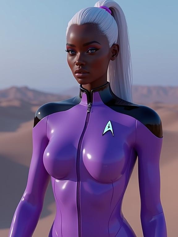 Female figure inspired by classic fertility sculptures wears a violet bodysuit with black shoulders. Features long white hair, blue eyes, and exaggerated proportions. Set in a futuristic landscape with vibrant colors and RGB lighting.
