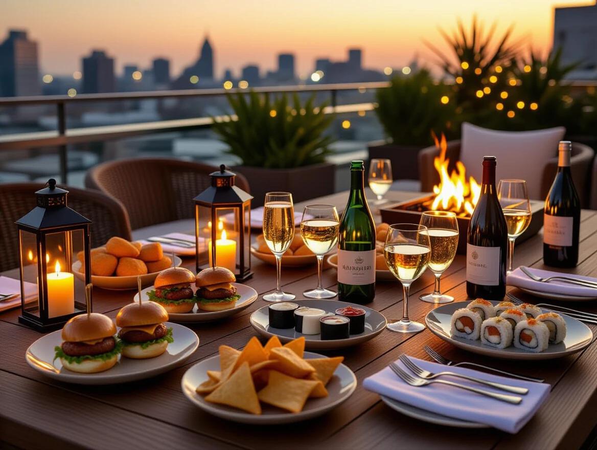 Elegant food and drink table on a luxury rooftop terrace at sunset. Warm ambient lighting from lanterns and string lights. Premium snacks arranged on ceramic plates. Crystal glasses with sparkling drinks and labeled bottles. Smooth polished wooden tabletop. High-end cutlery and linen napkins. Soft reflections and shadows. Background of modern rattan furniture and fire pit. Potted plants nearby. Photorealistic textures and cinematic golden hour glow. Rooftop skyline softly blurred in the distance.
