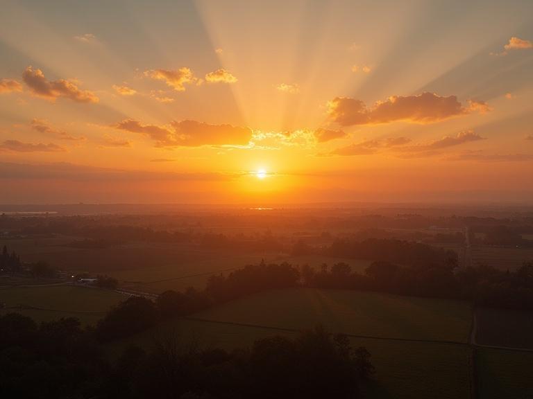 Sunrise over a rural landscape. Soft rays of sunlight spread across the sky. Notable fields in the foreground. Blend of warm colors. Tranquil and serene atmosphere.