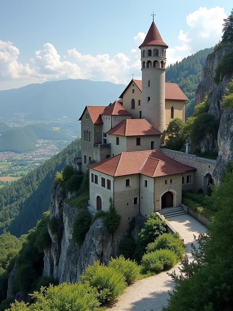 A stunning mixture of various landmark locations in Bosnia. A single eye-catching structure blending cultural and natural elements. Towering mountains provide a dramatic backdrop. The building features unique architectural styles reflective of the region. Lush greenery surrounds the landmark, enhancing the picturesque scene.