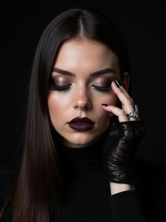 A close-up portrait features a person with long hair, dark lipstick, and dramatic eyeliner. Eyes closed touching face with a ringed hand in a fingerless glove. Soft, even lighting highlights skin texture and creates subtle shadows. Slightly low camera angle adds intimacy. Background is completely black, creating contrast with the subject's skin tone. Professional quality with shallow depth of field, sharp focus on the subject. A modern editorial style reminiscent of high fashion photography.