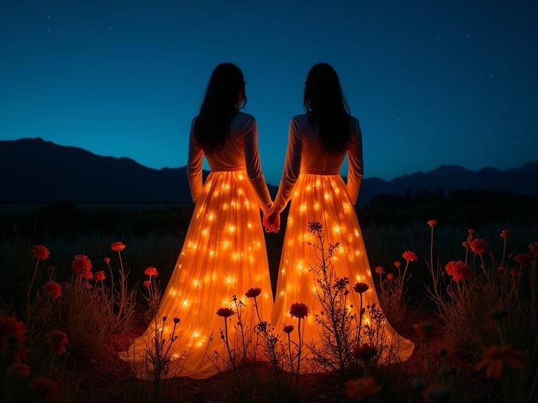 Two women standing in a field of wildflowers at night. They wear transparent gowns that glow with orange flowers. The background shows a starry night sky and distant mountains. Figures hold hands and are silhouetted with an ethereal atmosphere.