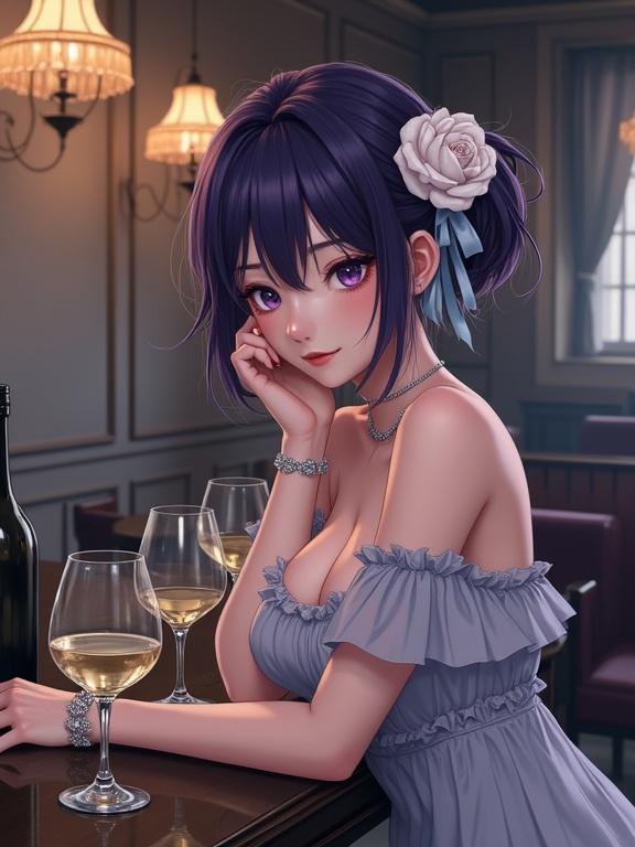 A semi-anime style sexy woman with dark violet hair and a large white rose. Striking violet eyes with a pensive expression. Wearing an elegant off-the-shoulder light gray dress. Leaning on a polished dark bar counter. Wine glasses and a white wine bottle in front. Softly lit sophisticated interior with ornate lamps.