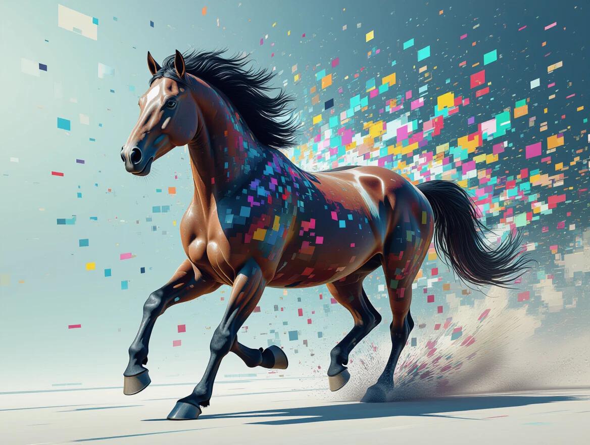 Abstract digital glitch artwork featuring a dynamic 3D horse. The horse is running towards the camera with its face barely recognizable due to pixel distortion. The body appears broken into shifting pixel blocks. Colorful static surrounds the horse, creating a surreal composition with distorted geometry.