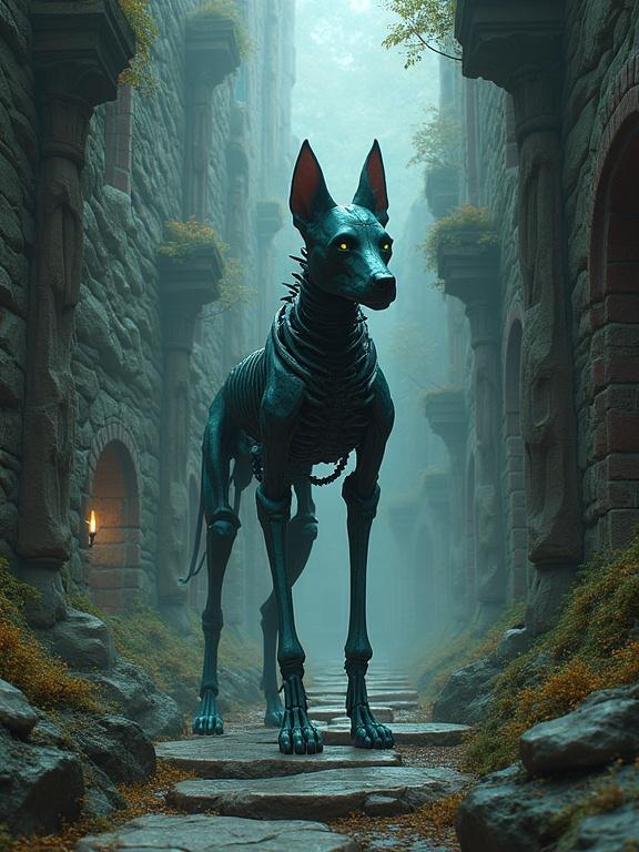 A mystical skeleton dog robot in a labyrinth with intricate stone walls and winding paths. Blends cyberpunk and fantasy elements with atmospheric lighting in vibrant digital art style.