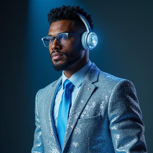 Stylish man wears a diamond crystal suit. He has glasses and headphones. Bright lighting accentuates the outfit. The posture showcases confidence.