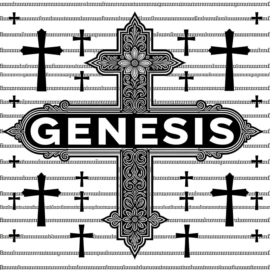 A graphic artwork featuring the word Genesis in white against a black background. Various crosses and religious symbols scattered throughout. The design includes intricate patterns around the cross.