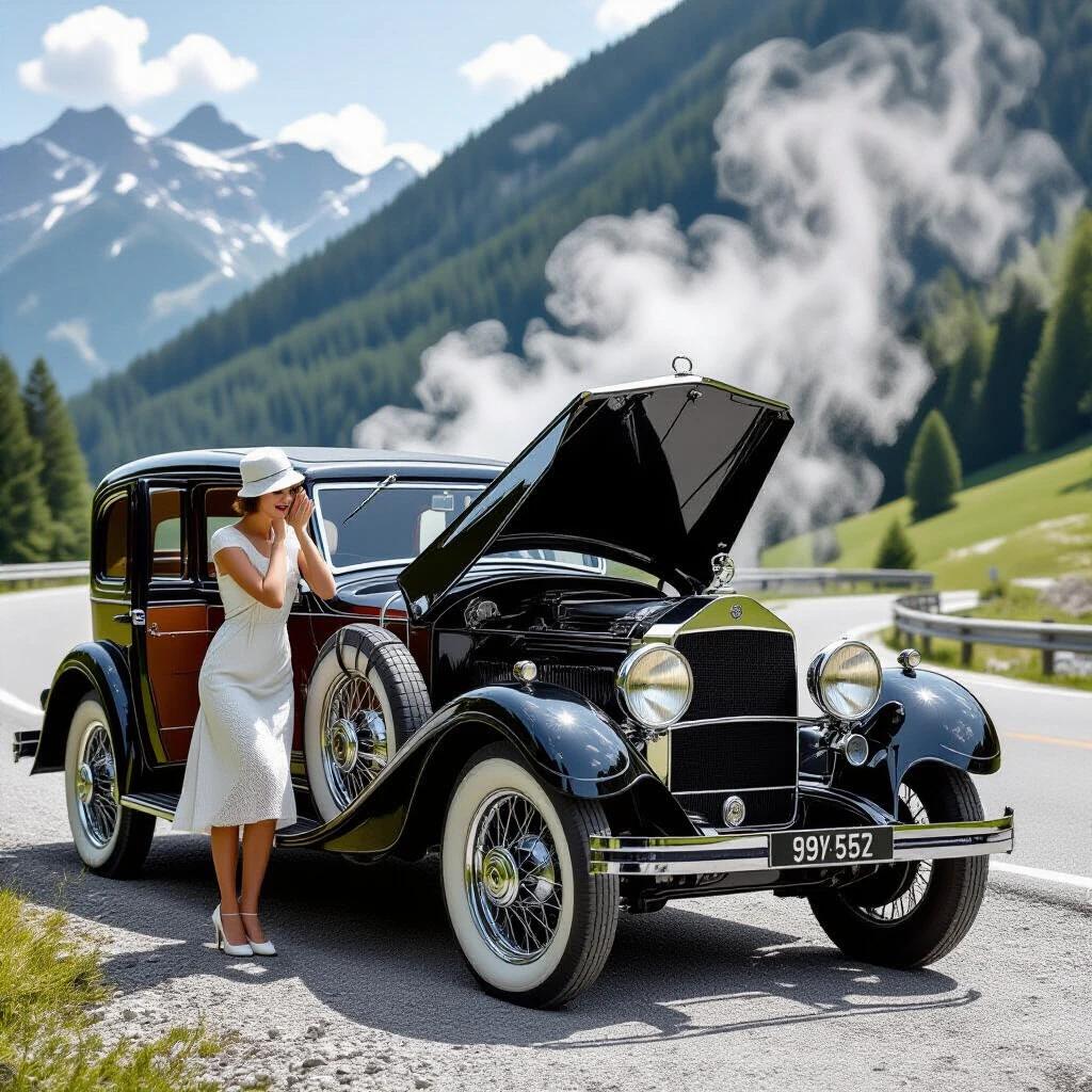 A vintage Mercedes-Benz car with the hood fully open on a gravel road in the mountains. A dressed woman in a white cloche hat leans over the engine bay. Dense steam rises from the engine creating a dramatic scene. The golden hour light enhances the atmosphere.