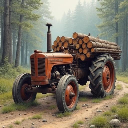 A vintage tractor carrying logs on a forest path. The tractor has a rustic look and is surrounded by tall trees. The image blends realism with subtle pencil outline effects for detail.